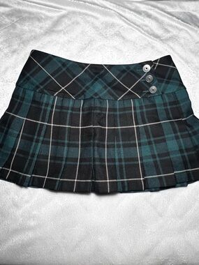 Sugar & Jade Green and Black Plaid Pleated Skirt with Side Buttons